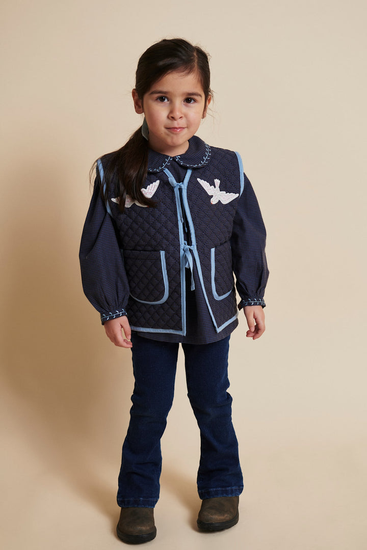 TERNET VEST M. QUILT OG BRODERI - BROWN BLUE CHECK COMB