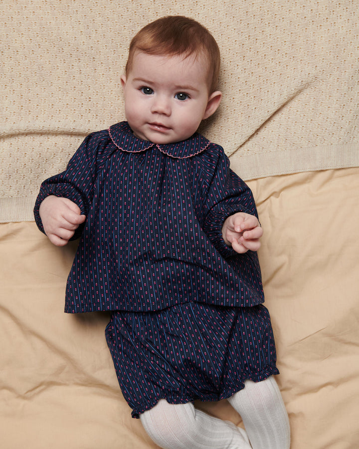 Printet Baby Sæt m. Bluse & Bloomers - Navy Flower Aop