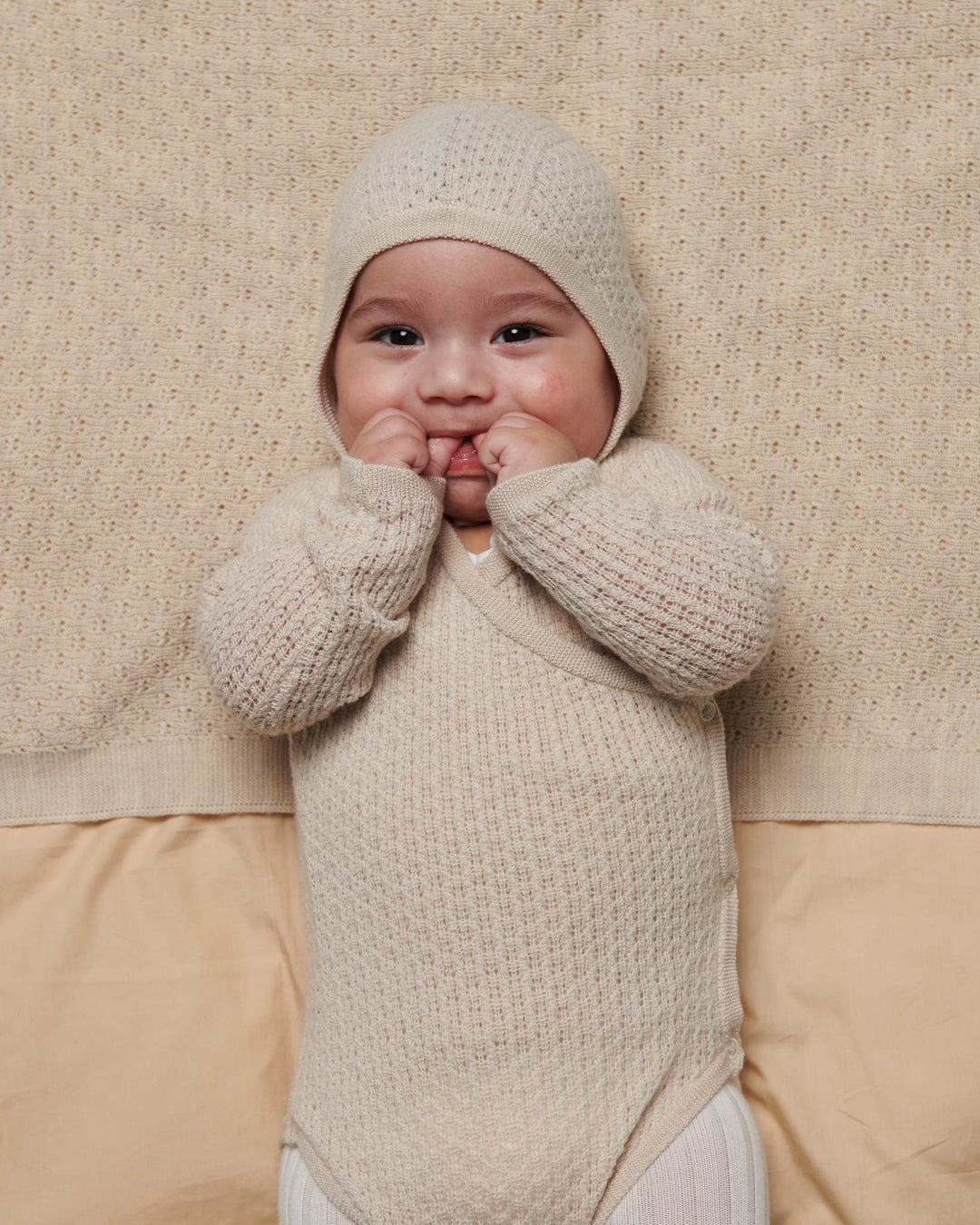 2-Pak Merinostrikket Pointelle Body & Baby Hat - Pale Cream
