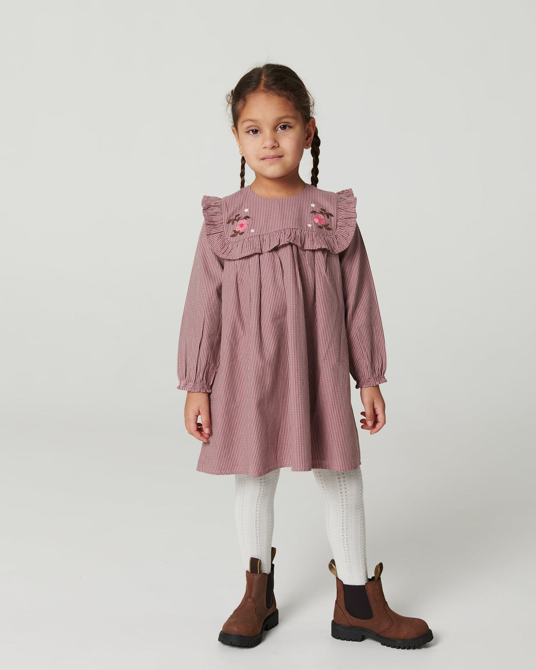 Langærmet kjole med broderi - WINTER ROSE CHECK COMB