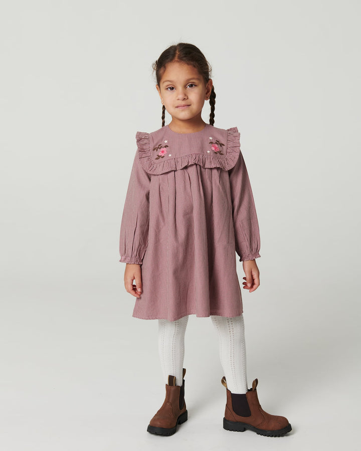 Langærmet kjole med broderi - WINTER ROSE CHECK COMB
