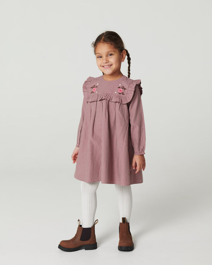 Langærmet kjole med broderi - WINTER ROSE CHECK COMB