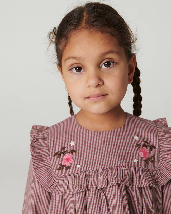 Langærmet kjole med broderi - WINTER ROSE CHECK COMB
