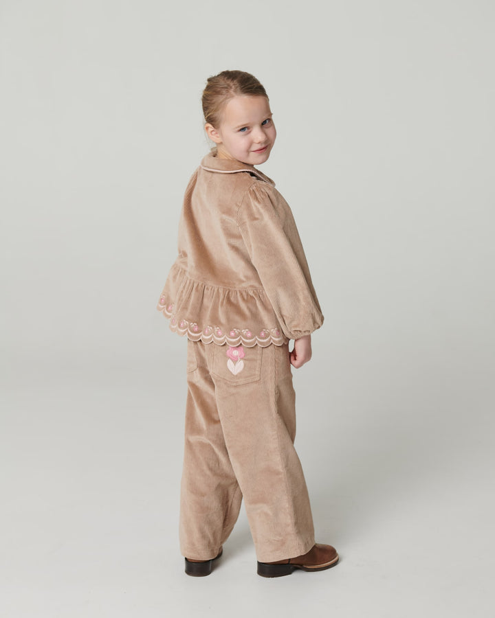 Bred Buks i Fløjl m. Broderi på Baglomme - Beige