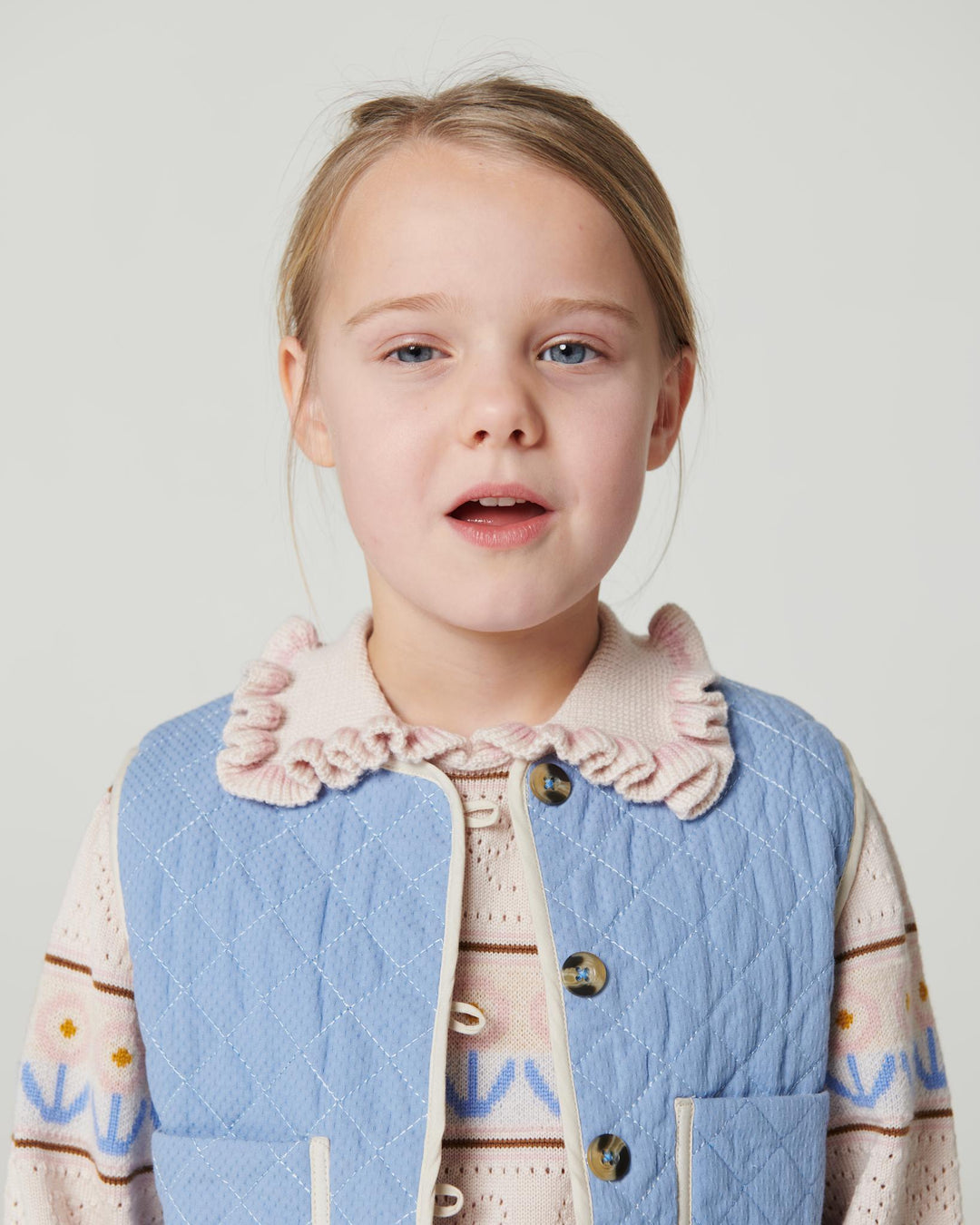 Strikket Bluse m. Krave og Pointelle- og Mønsterdetaljer - Beige Comb.