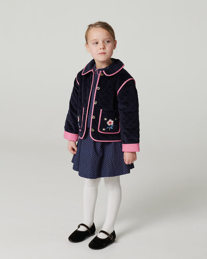 Quilted Fløjlsjakke m. Broderi - Navy