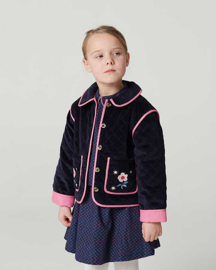 Quilted Fløjlsjakke m. Broderi - Navy
