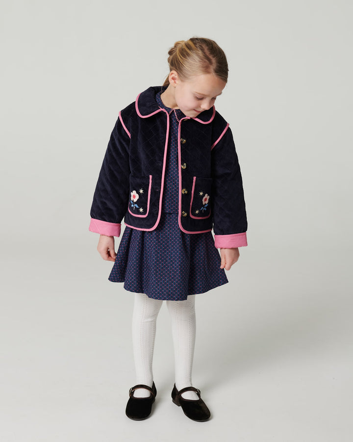 Quilted Fløjlsjakke m. Broderi - Navy