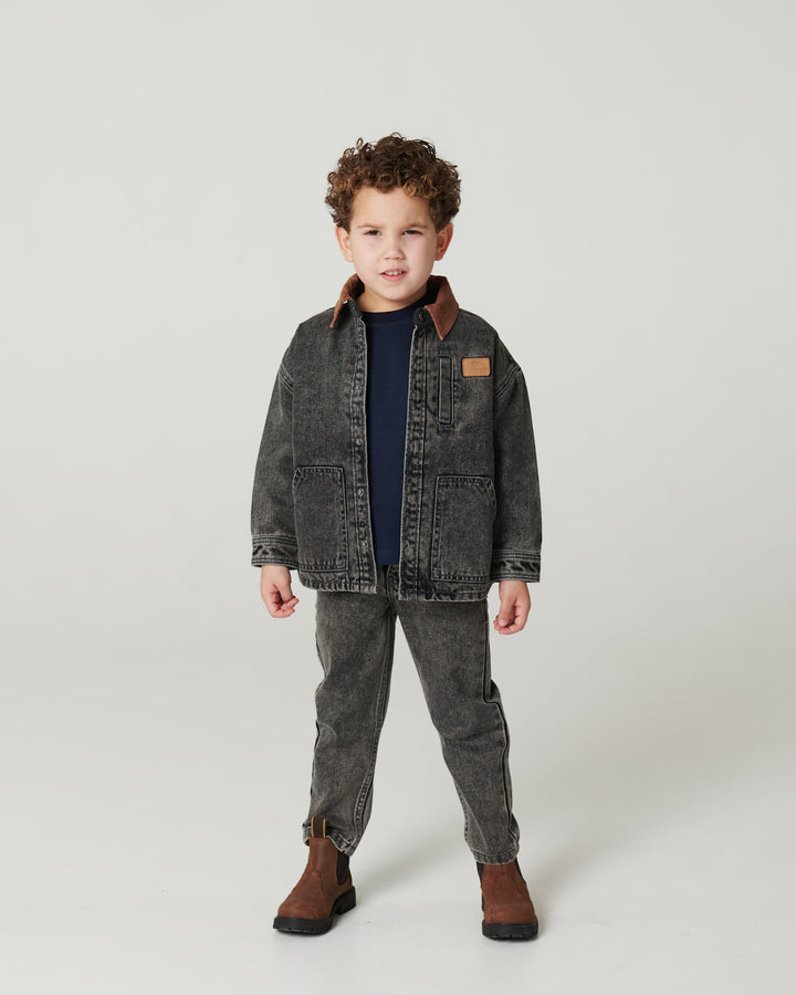 Denim Jakke m. Lining & Fløjls Krave - Washed Dk. Grey Brown w. Dk Brown Corduroy Collar