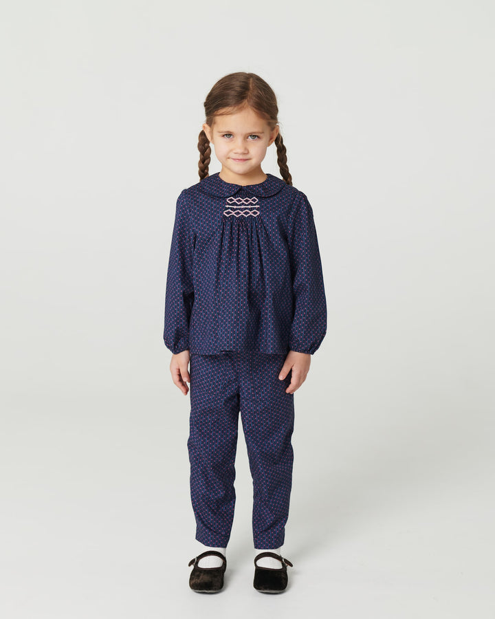 Printet Bluse m. Krave & Smock Broderi - Navy Flower Aop