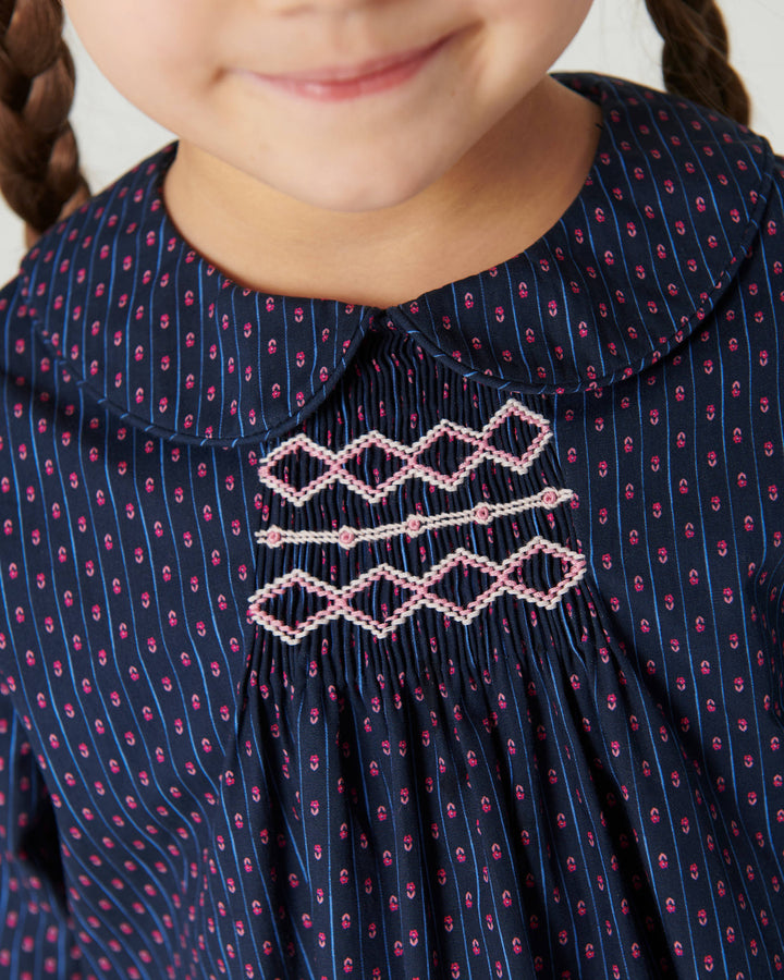 Printet Bluse m. Krave & Smock Broderi - Navy Flower Aop