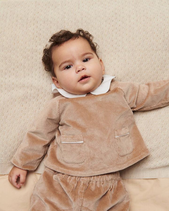 Baby Sæt i Fløjl m. Krave - Beige