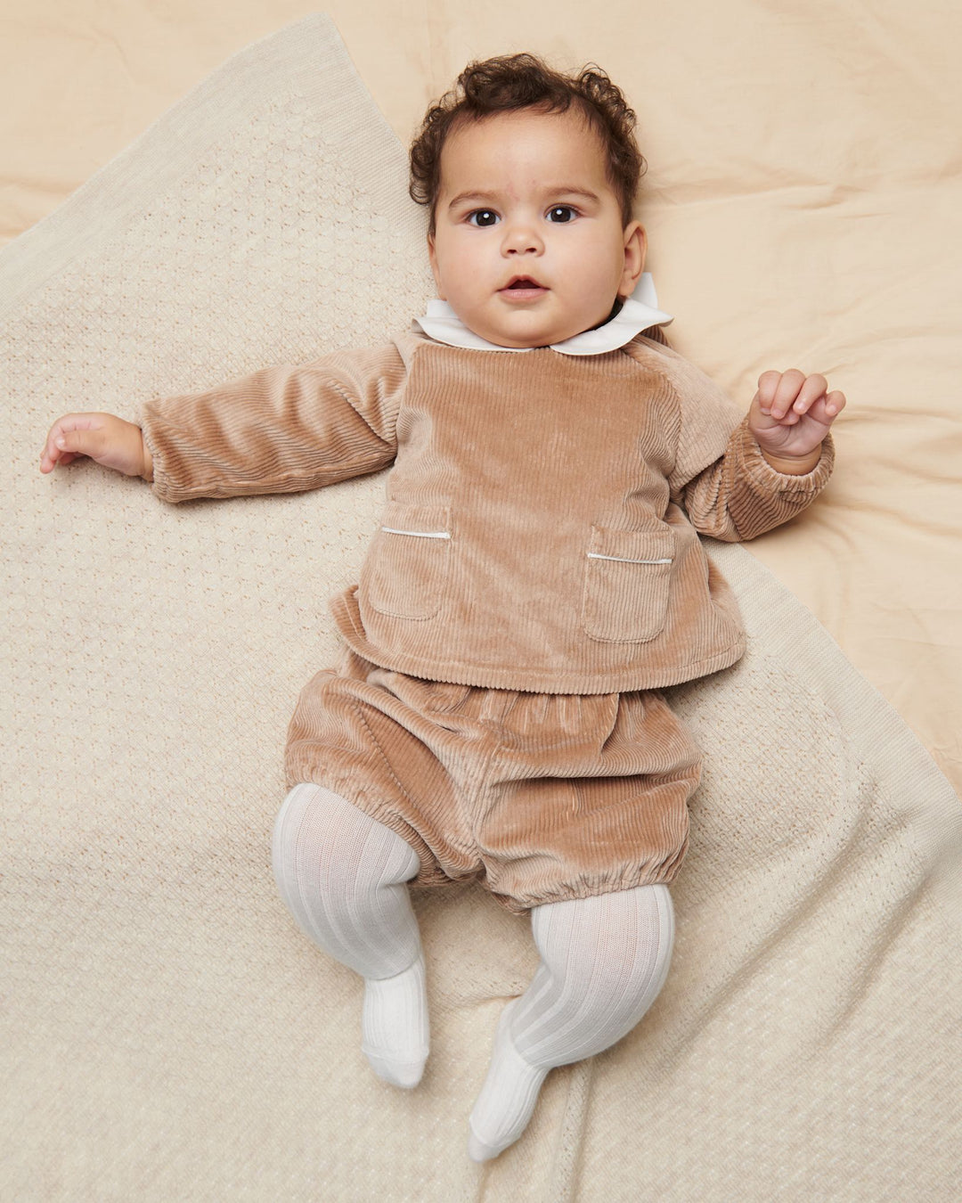 Baby Sæt i Fløjl m. Krave - Beige
