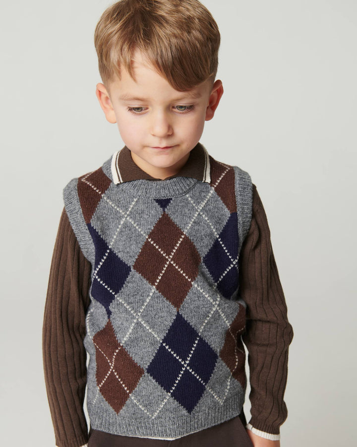 Strikkevest m. Rudediamant Mønster - Grey Mel./Dk. Brown/Navy Comb.