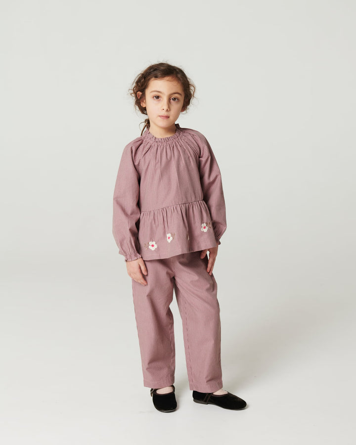Bluse m. Blomster Broderi - Winter Rose Check Comb.
