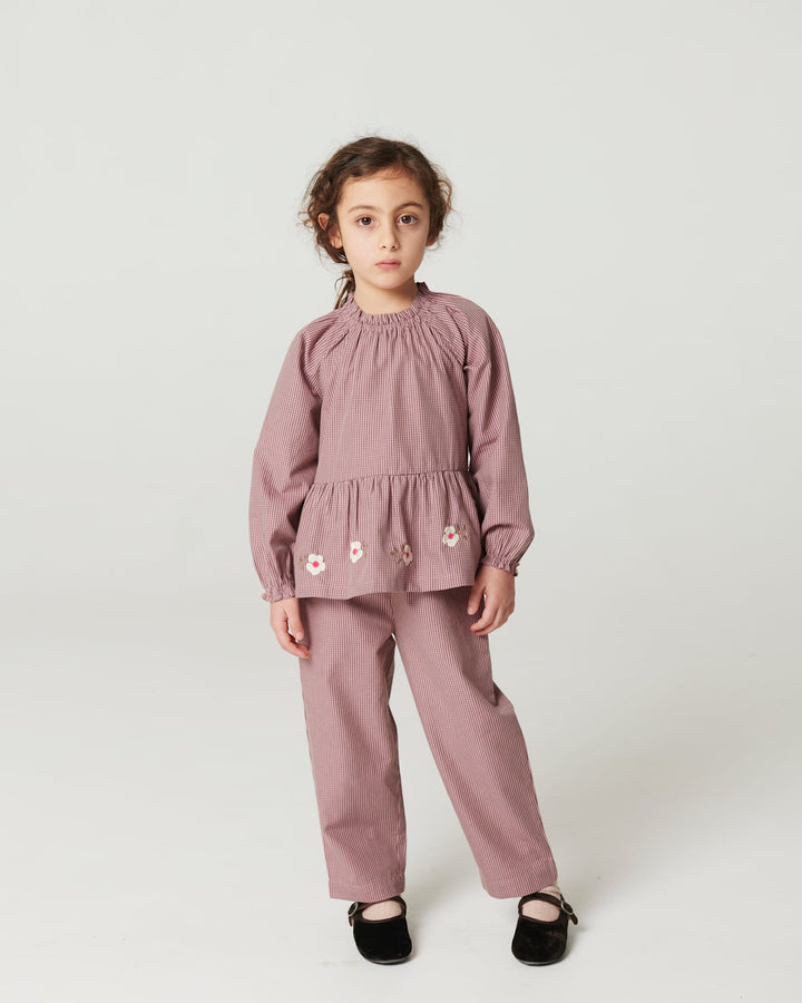 Bluse m. Blomster Broderi - Winter Rose Check Comb.
