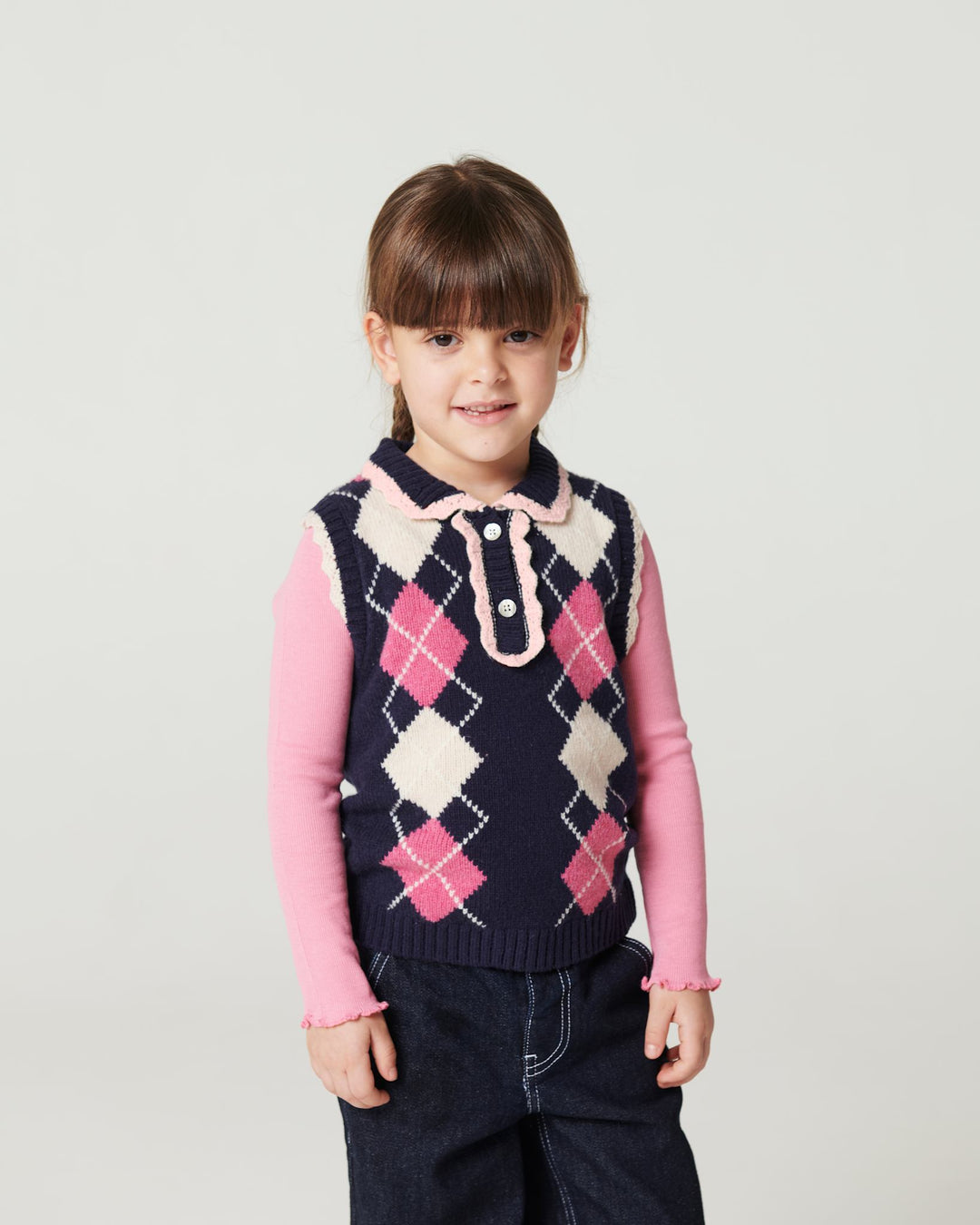 Strikvest m. Rudediamant Mønster & Flæse - Navy/Soft Pink/Blossom Pink Comb.
