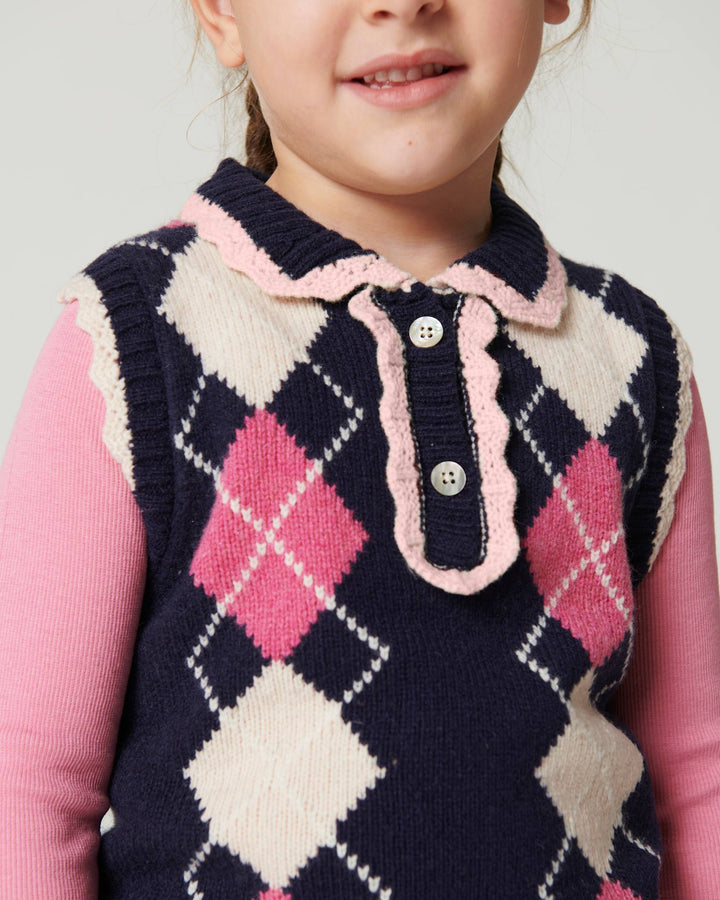 Strikvest m. Rudediamant Mønster & Flæse - Navy/Soft Pink/Blossom Pink Comb.