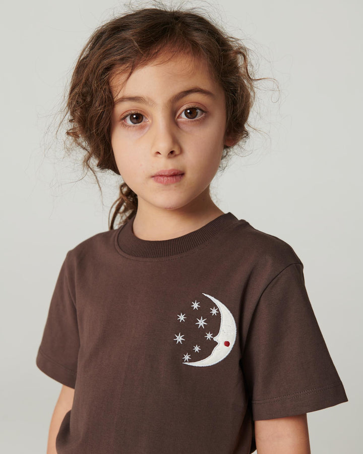 T-Shirt m. Broderi - Dk. Brown