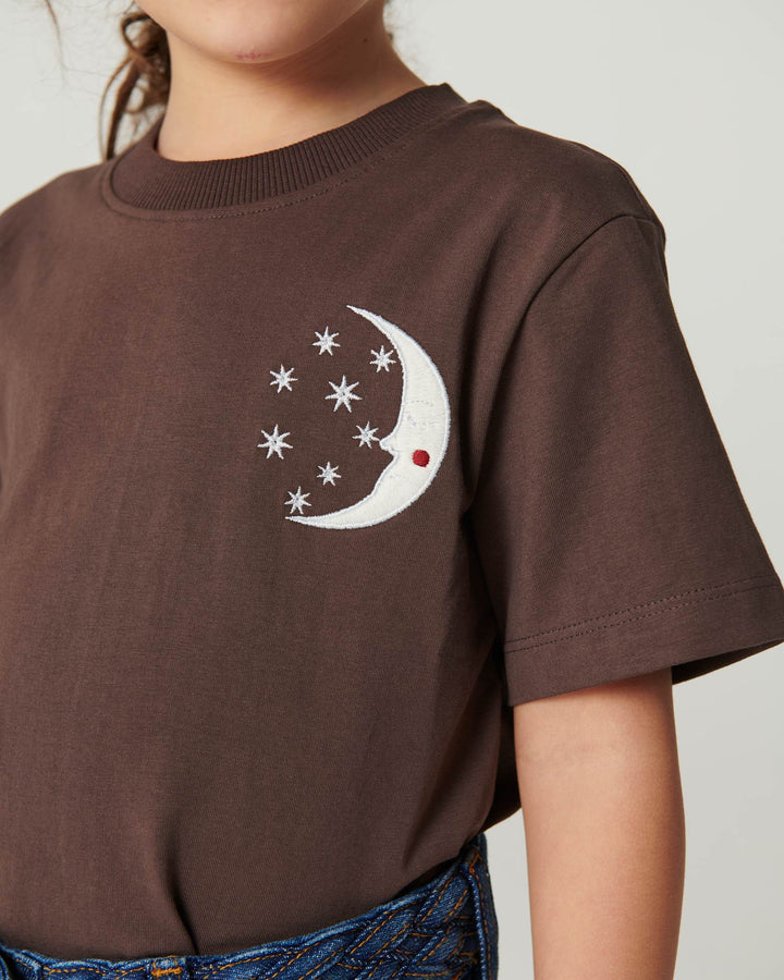 T-Shirt m. Broderi - Dk. Brown