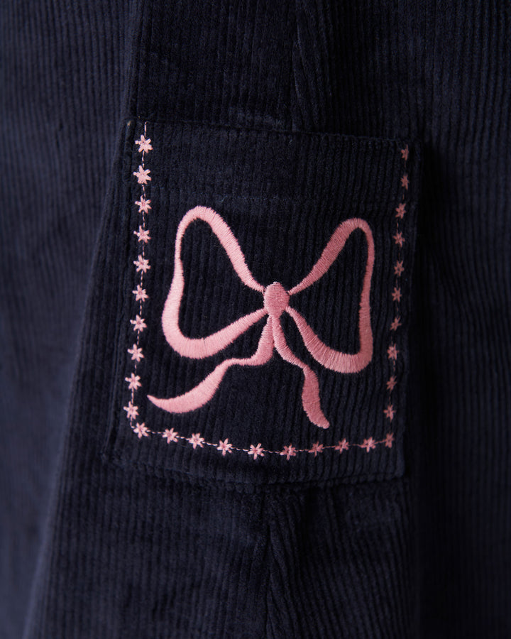 Fløskjole m. Broderi - Navy
