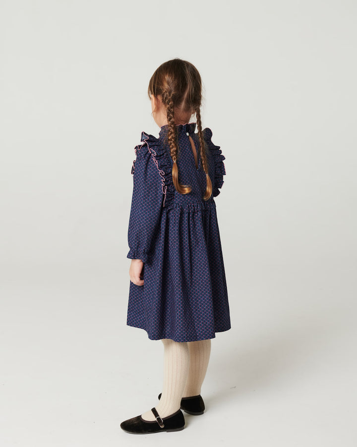Printed Kjole m. Flæser - Navy Flower Aop
