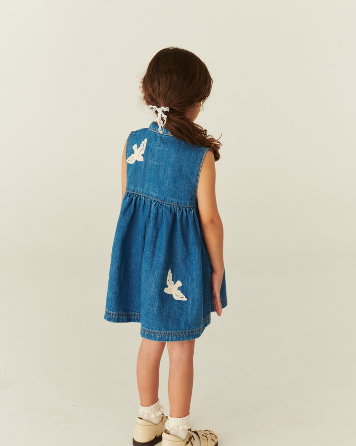 DENIM DRESS W. CROCHET DOVES - INDIGO BLUE WASHED