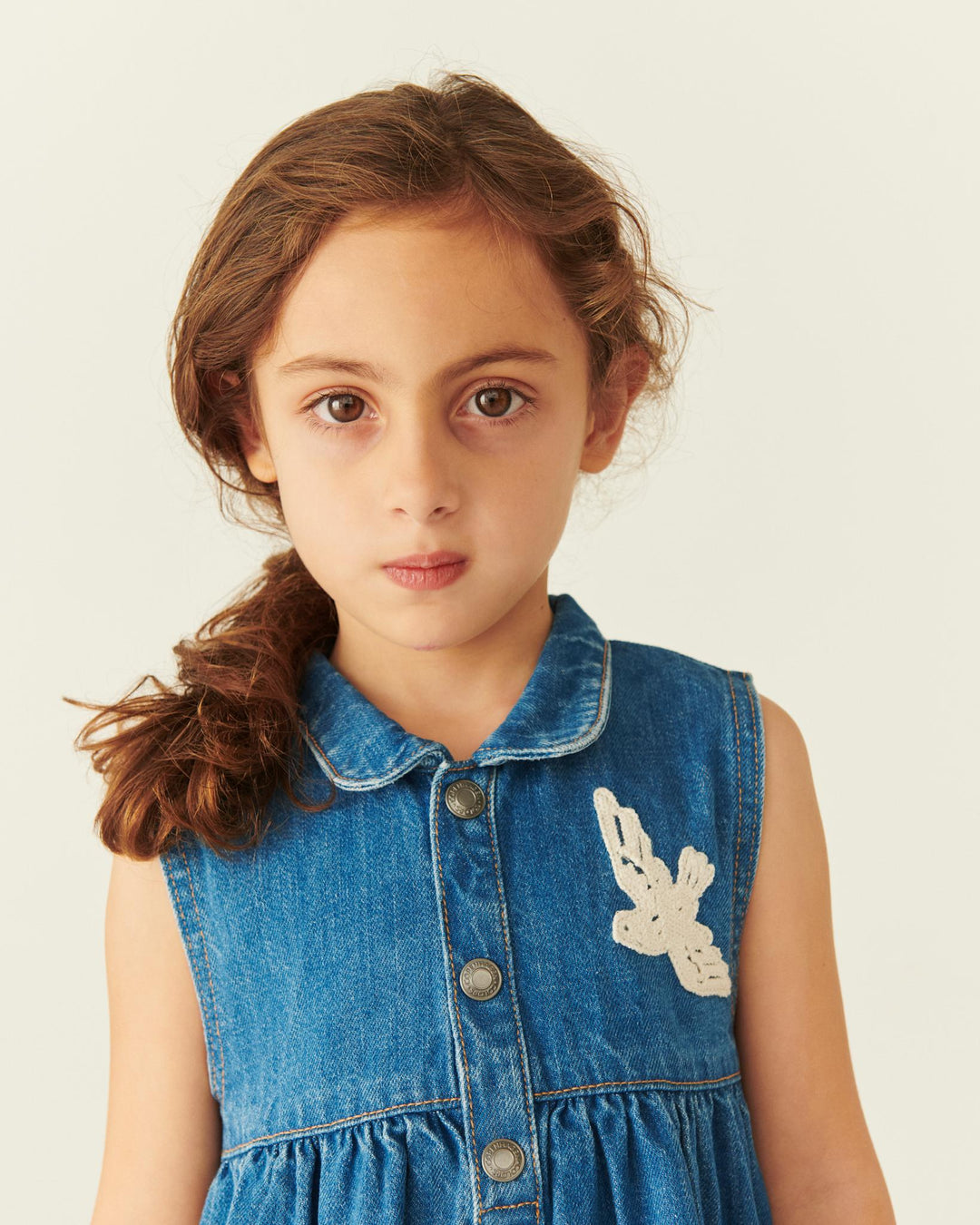 DENIM DRESS W. CROCHET DOVES - INDIGO BLUE WASHED