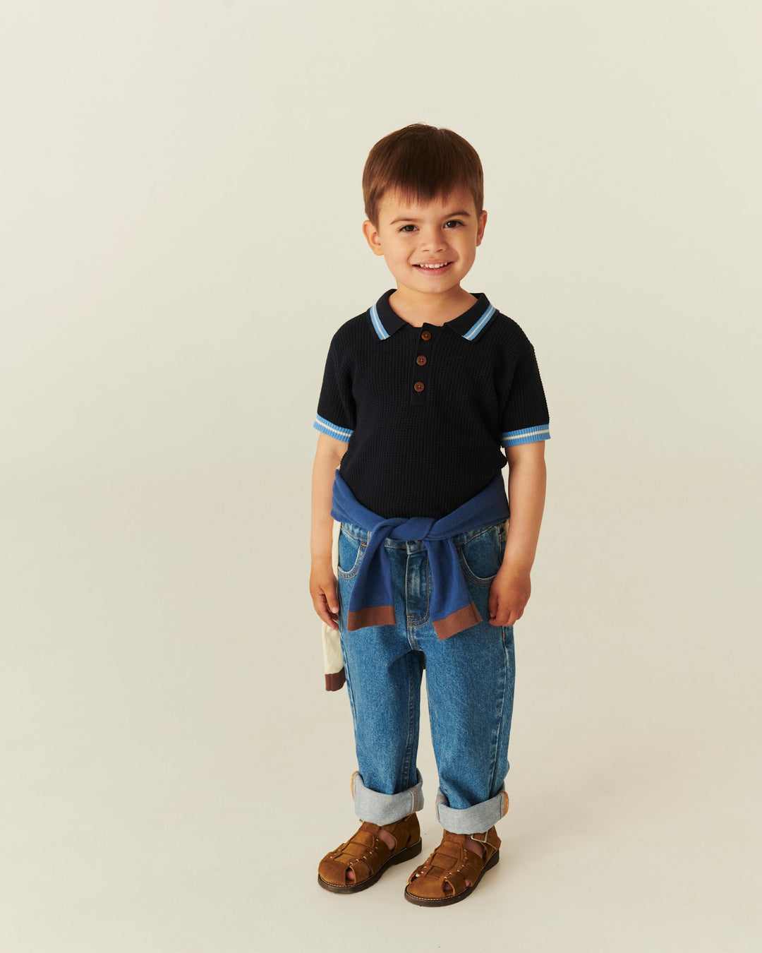 STRIKKET POLO MED MØNSTER - NAVY, BLUE, CREAM COMB.