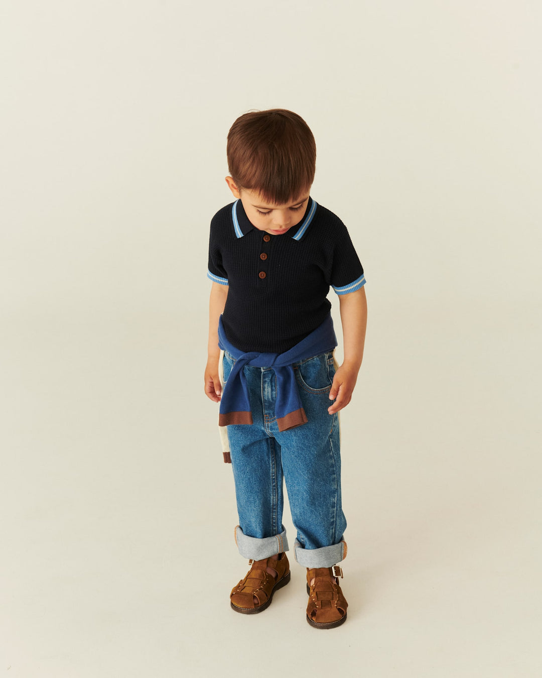 STRIKKET POLO MED MØNSTER - NAVY, BLUE, CREAM COMB.