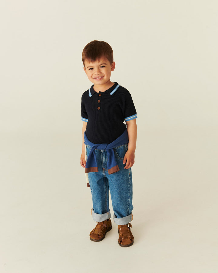 STRIKKET POLO MED MØNSTER - NAVY, BLUE, CREAM COMB.