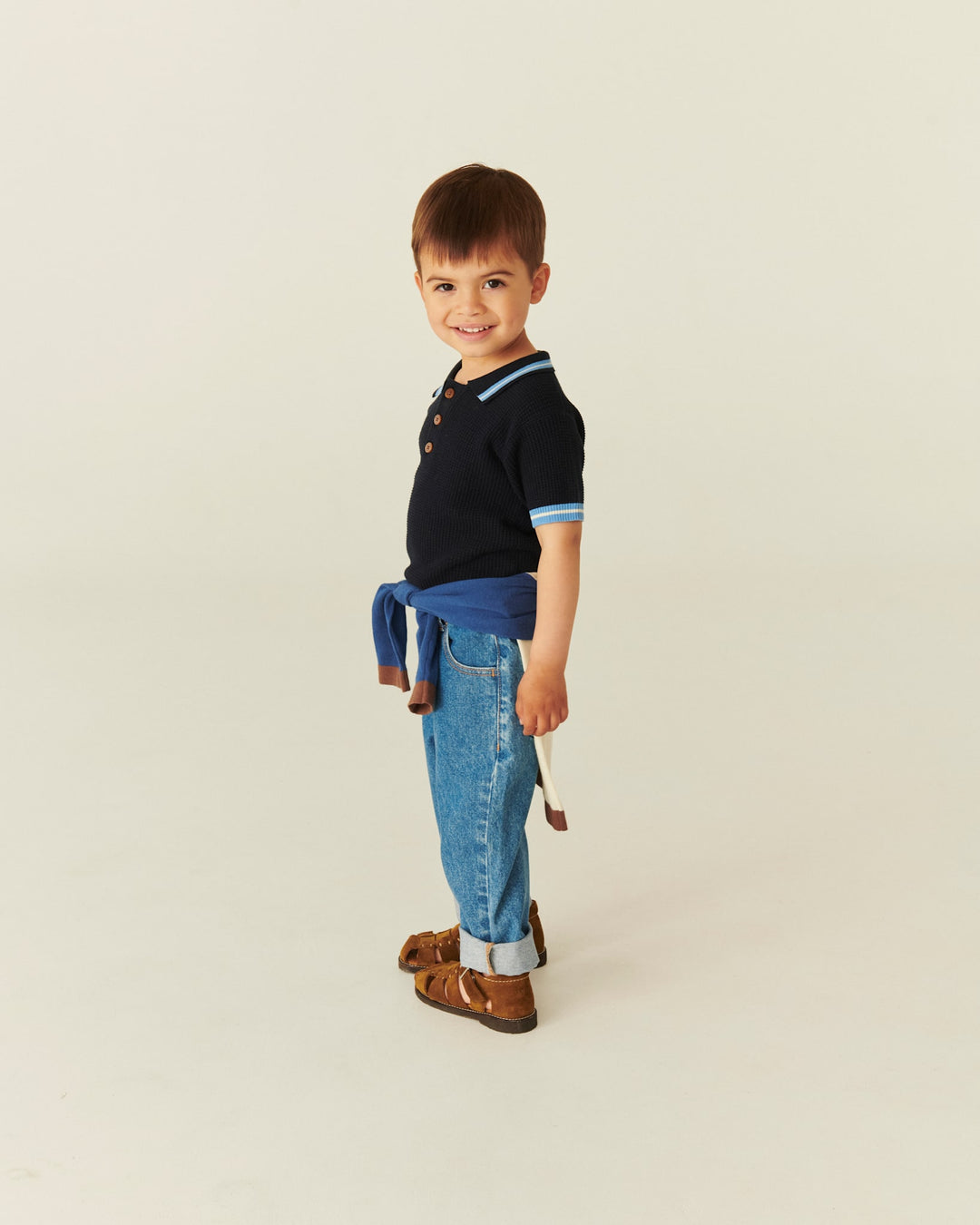 STRIKKET POLO MED MØNSTER - NAVY, BLUE, CREAM COMB.