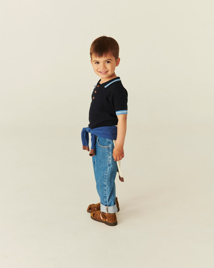 STRIKKET POLO MED MØNSTER - NAVY, BLUE, CREAM COMB.