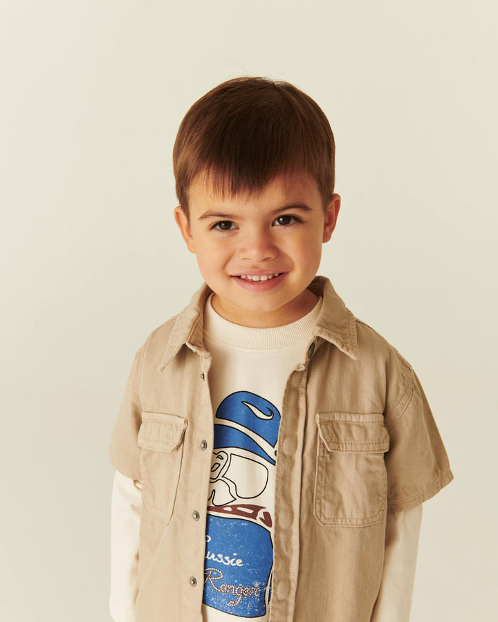 SAFARI SKJORTE I TWILL MED KORTE ÆRMER - BEIGE