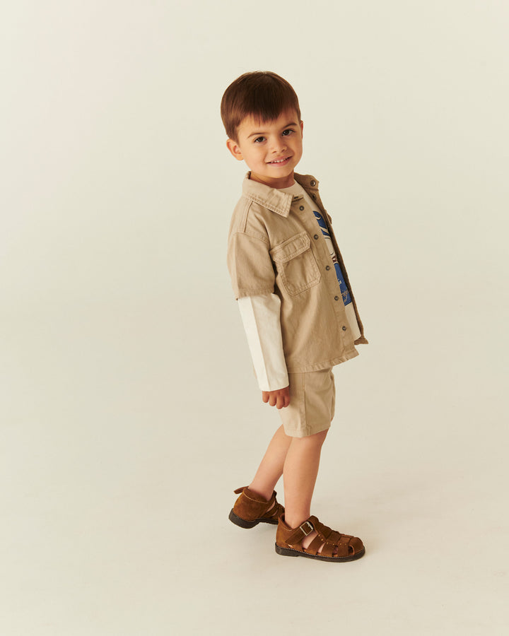 SAFARI SKJORTE I TWILL MED KORTE ÆRMER - BEIGE