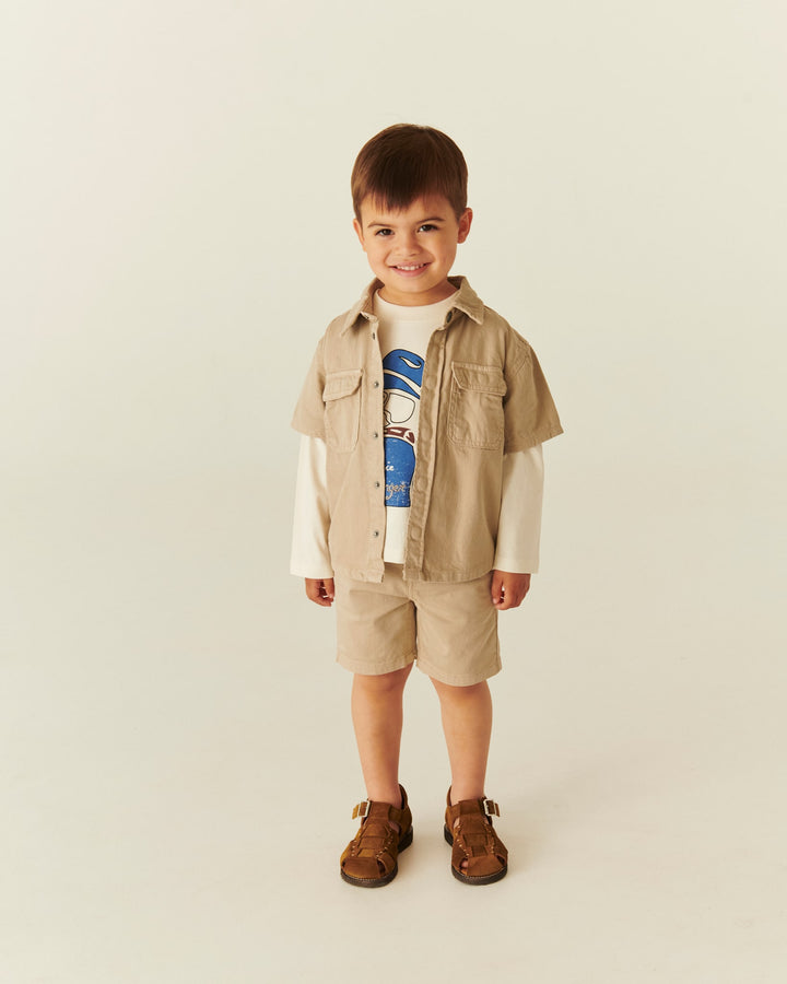 SAFARI SKJORTE I TWILL MED KORTE ÆRMER - BEIGE