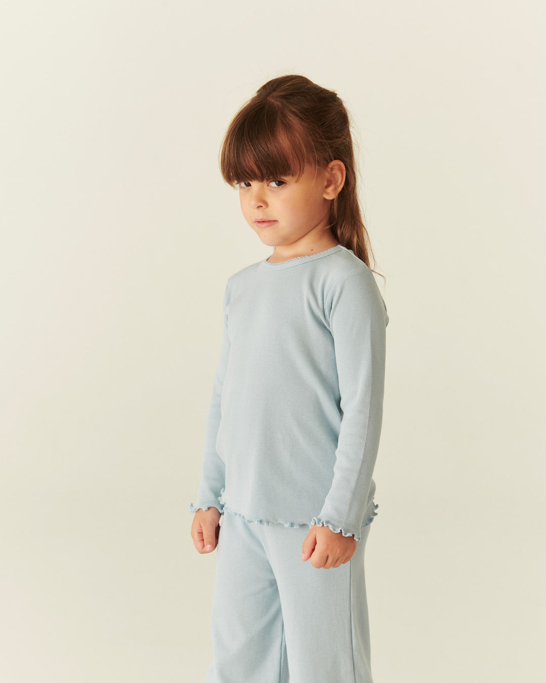 Modal Rib Langærmet T-Shirt m. Picot - Dusty Blue