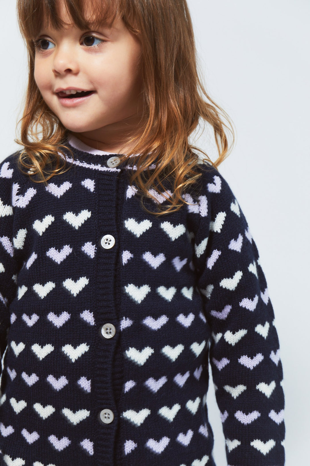 Cashmere Cardigan m. Hjerte - Navy/Lavender Comb
