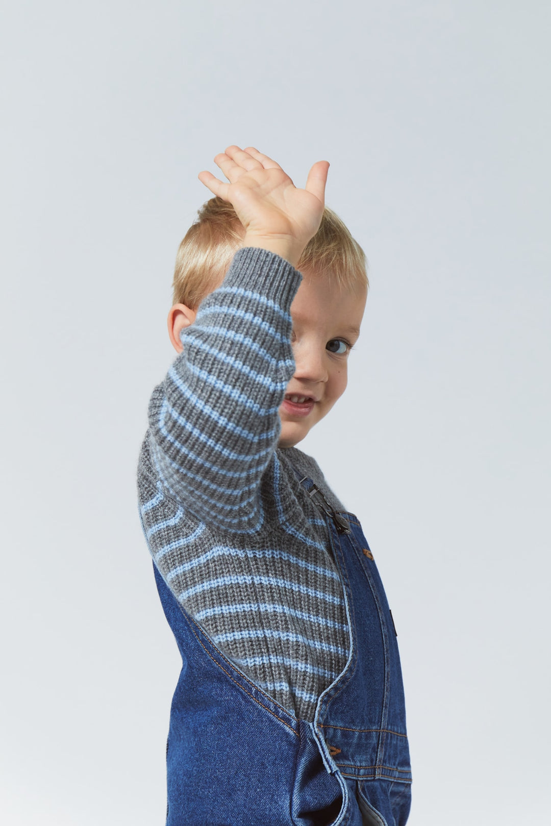 Cashmere Classic Rib Pullover - GREY MEL/DUSTY BLUE STRIPE