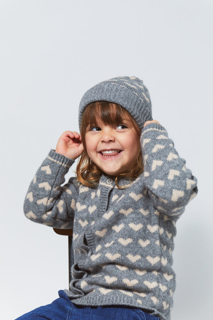 Cashmere Beanie w. Hearts and Pompom - Grey Mel./Taupe Combi