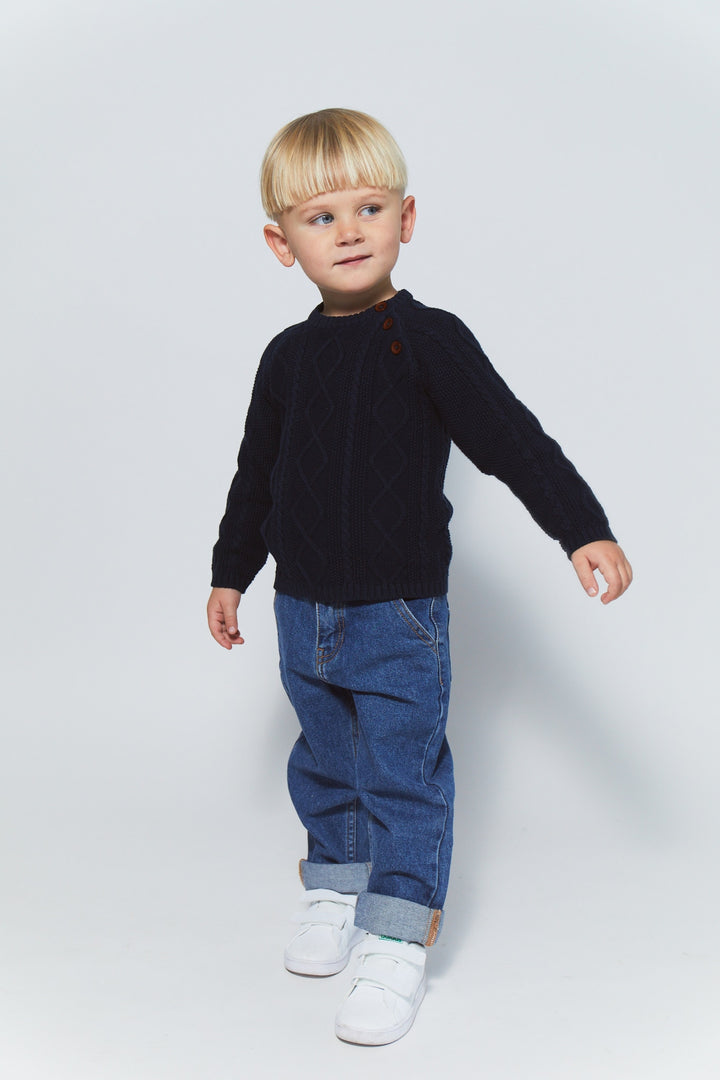 KABELSTRIKKET BLUSE M. KNAPLUKNING - NAVY