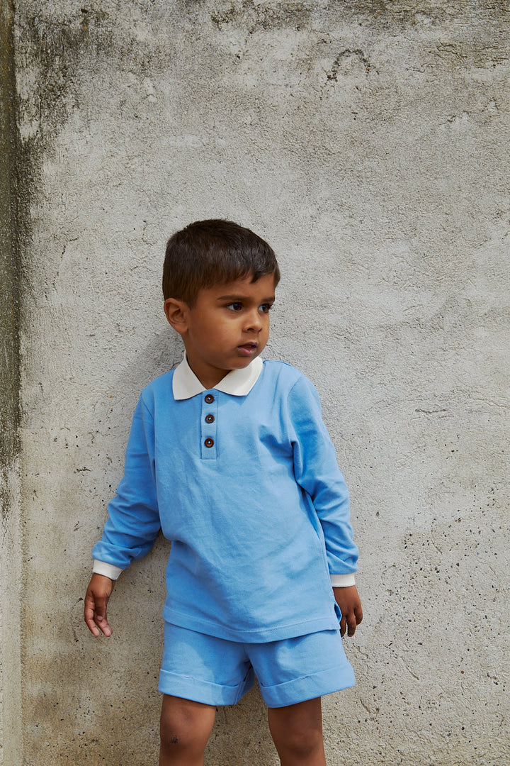 PIQUE POLO BLUSE M. LANGE ÆRMER - SKY BLUE COMB