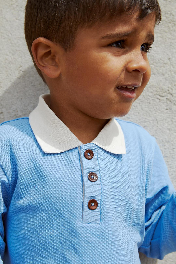 PIQUE POLO BLUSE M. LANGE ÆRMER - SKY BLUE COMB