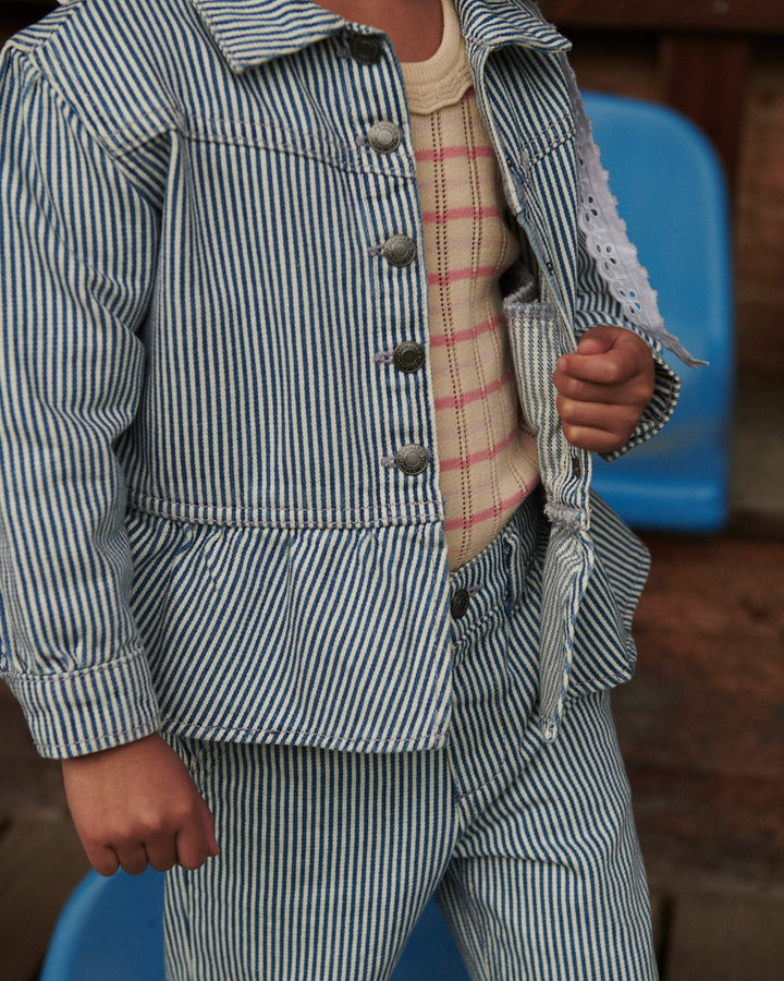 FARVET DENIM JAKKE MED FLÆSEKRAVE - DENIM BLUE STRIPE