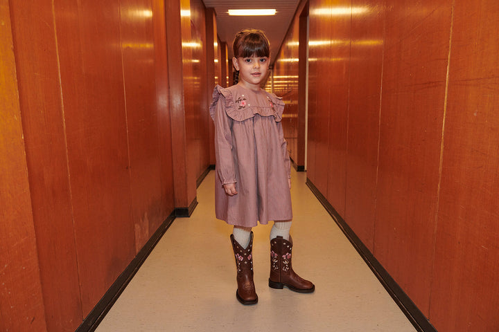 Langærmet kjole med broderi - WINTER ROSE CHECK COMB