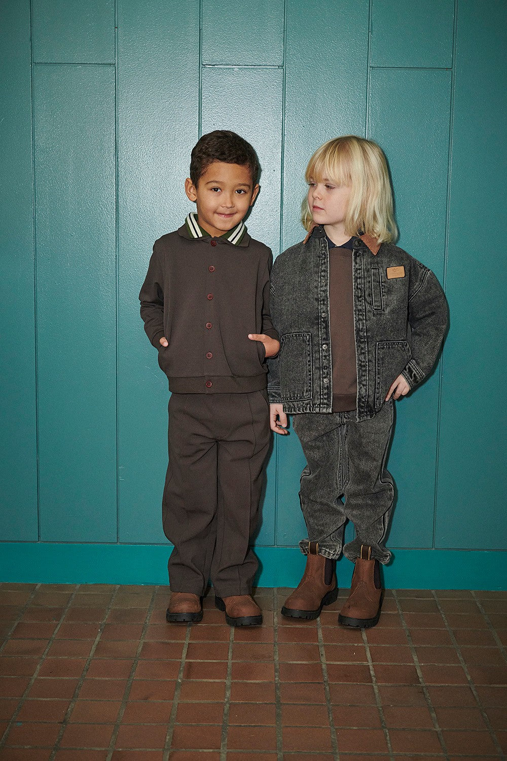 Denim Jakke m. Lining & Fløjls Krave - Washed Dk. Grey Brown w. Dk Brown Corduroy Collar