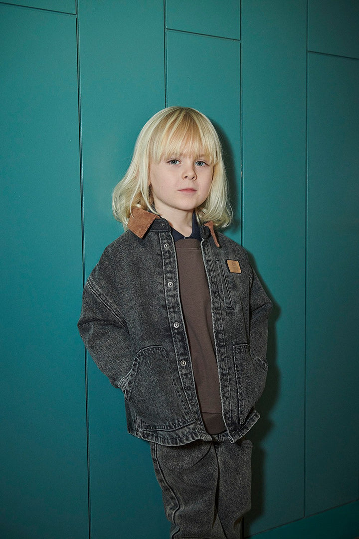 Denim Jakke m. Lining & Fløjls Krave - Washed Dk. Grey Brown w. Dk Brown Corduroy Collar