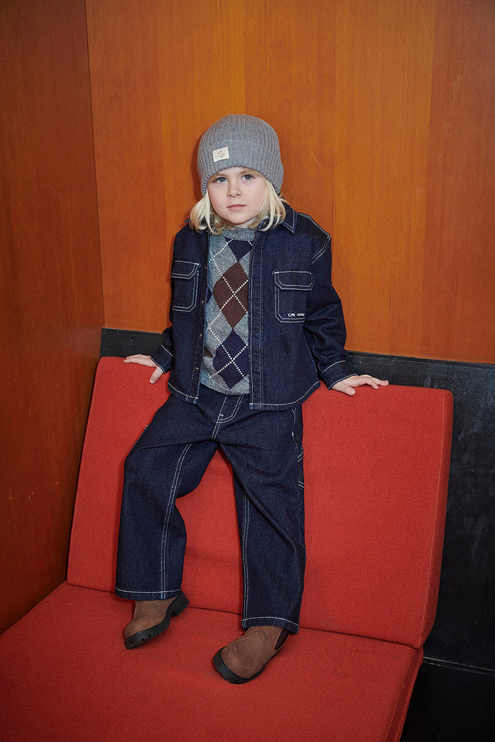 Strikkevest m. Rudediamant Mønster - Grey Mel./Dk. Brown/Navy Comb.