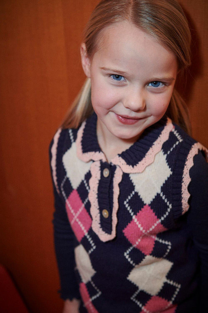 Strikvest m. Rudediamant Mønster & Flæse - Navy/Soft Pink/Blossom Pink Comb.