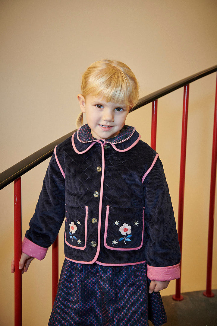 Quilted Fløjlsjakke m. Broderi - Navy